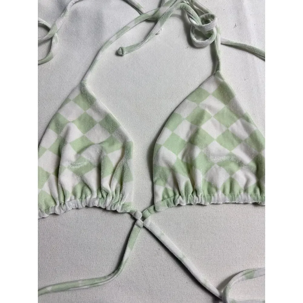 Frankie's Bikinis Tatum Triangle Velvet Bikini Set Green and White Size XL NWT